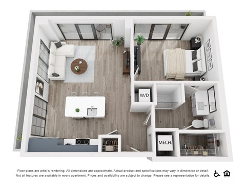 Floor plan for 1 bed, 1 bath, 742 sqft